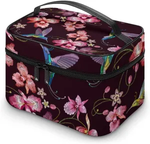 Makeup Bag Humming Bird Orchid Spring Cosmetic Bag for Women Beauty Zipper Makeup Organizer PU Leather Waterproof Toiletry Train Case Exotic Tropical Flowers