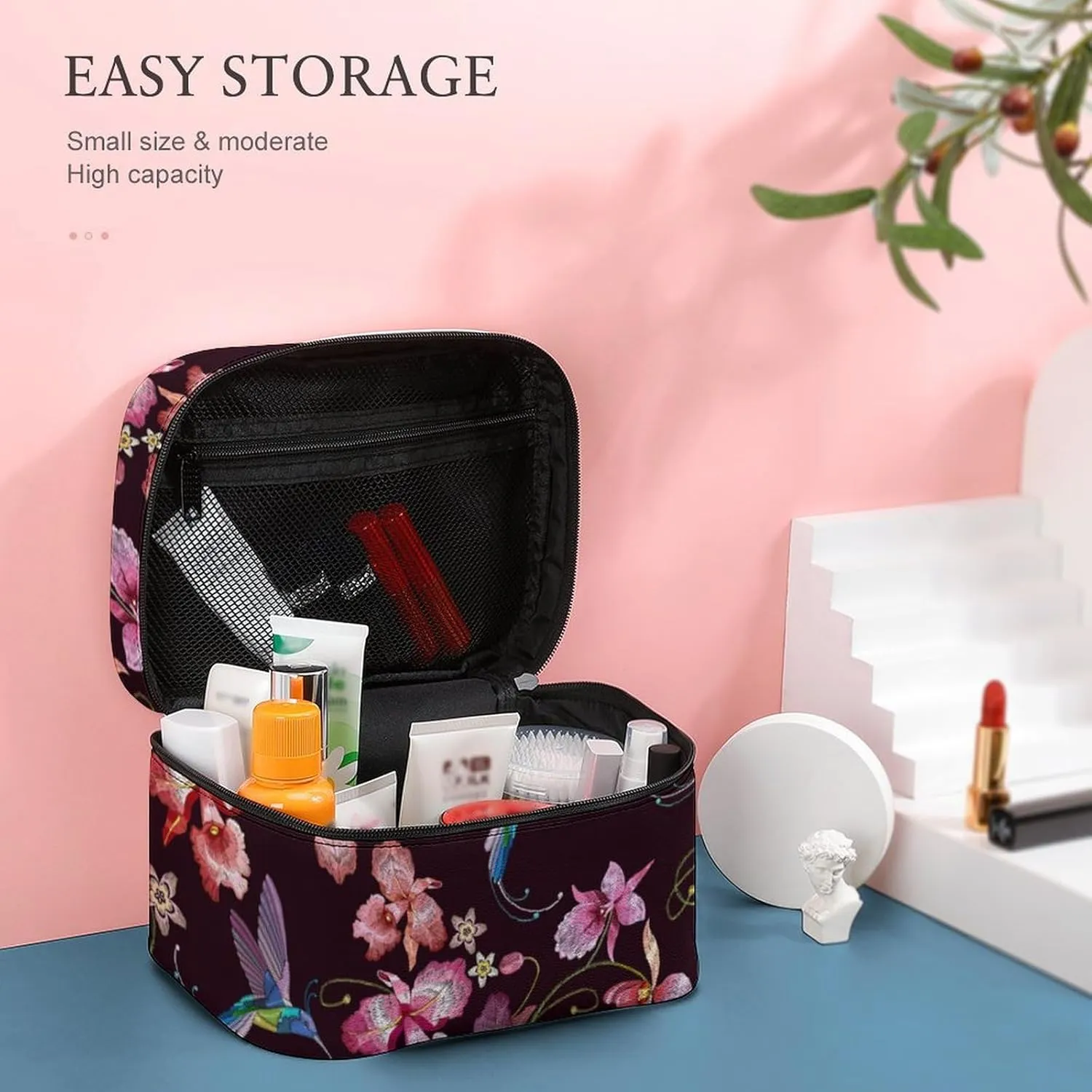 Makeup Bag Humming Bird Orchid Spring Cosmetic Bag for Women Beauty Zipper Makeup Organizer PU Leather Waterproof Toiletry Train Case Exotic Tropical Flowers