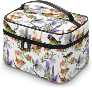 Makeup Bag Spring Exotic Birds Cosmetic Bag for Women Beauty Zipper Makeup Organizer PU Leather Waterproof Toiletry Train Case Tropical Summer Flowers