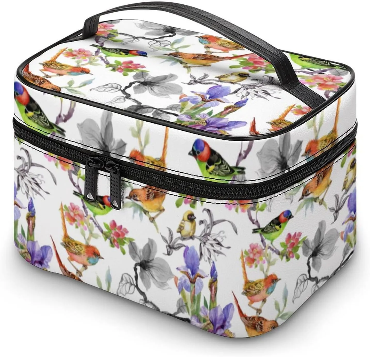 Makeup Bag Spring Exotic Birds Cosmetic Bag for Women Beauty Zipper Makeup Organizer PU Leather Waterproof Toiletry Train Case Tropical Summer Flowers