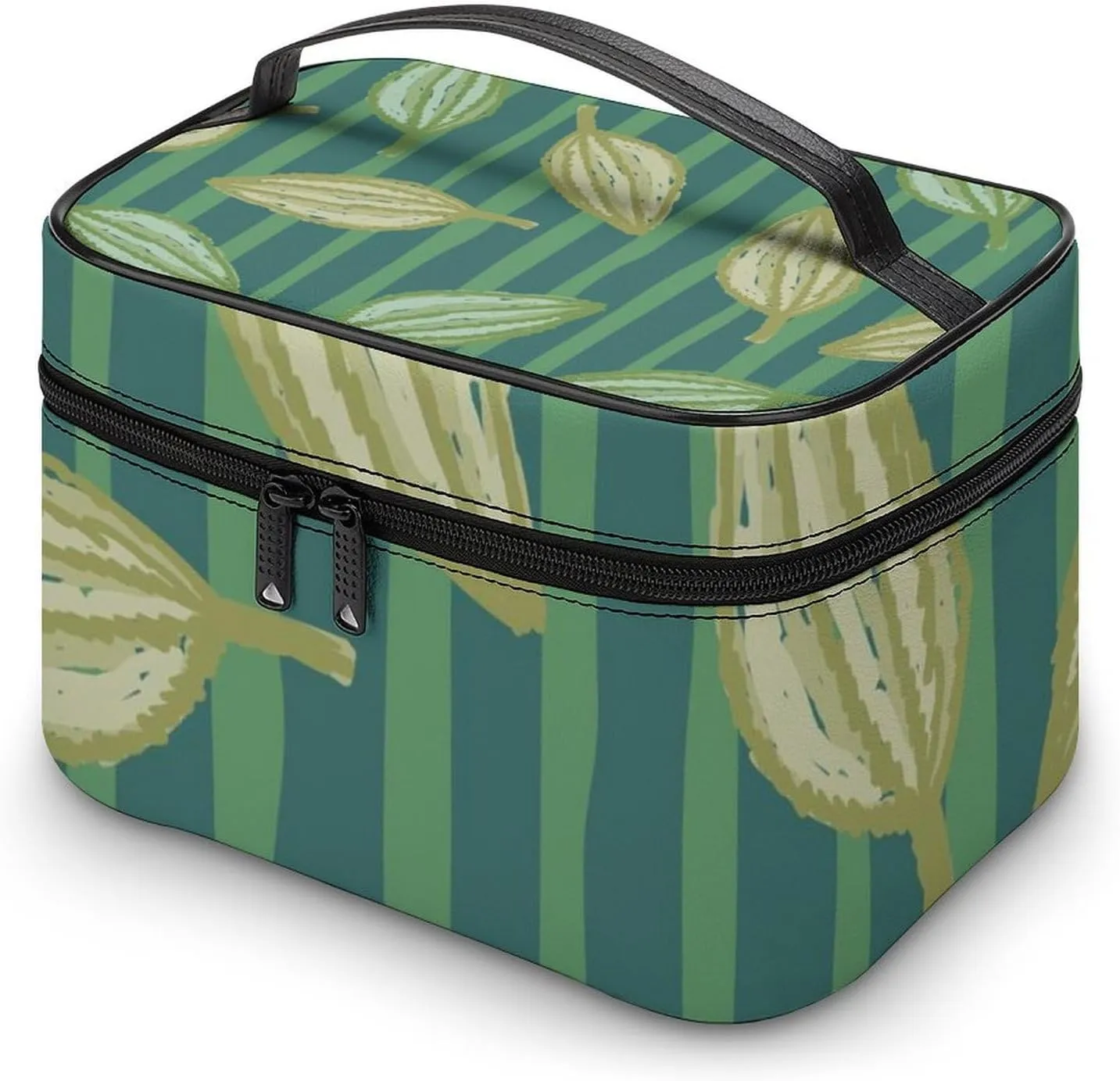 Makeup Bag Tropical Palm Leaves Exotic Cosmetic Bag for Women Beauty Zipper Makeup Organizer PU Leather Waterproof Toiletry Train Case Green Stripe