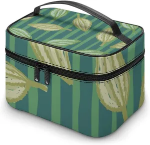 Makeup Bag Tropical Palm Leaves Exotic Cosmetic Bag for Women Beauty Zipper Makeup Organizer PU Leather Waterproof Toiletry Train Case Green Stripe