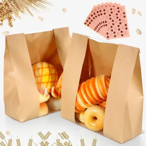 Meanplan 150 Pcs Bakery Bags with Window Large Paper Bread Bags Bulk for Homemade Bread Kraft Packaging with 10 Sheets Stickers for Sourdough Loaf Cookie Food 12 x 8.3 x 3.5 Inch