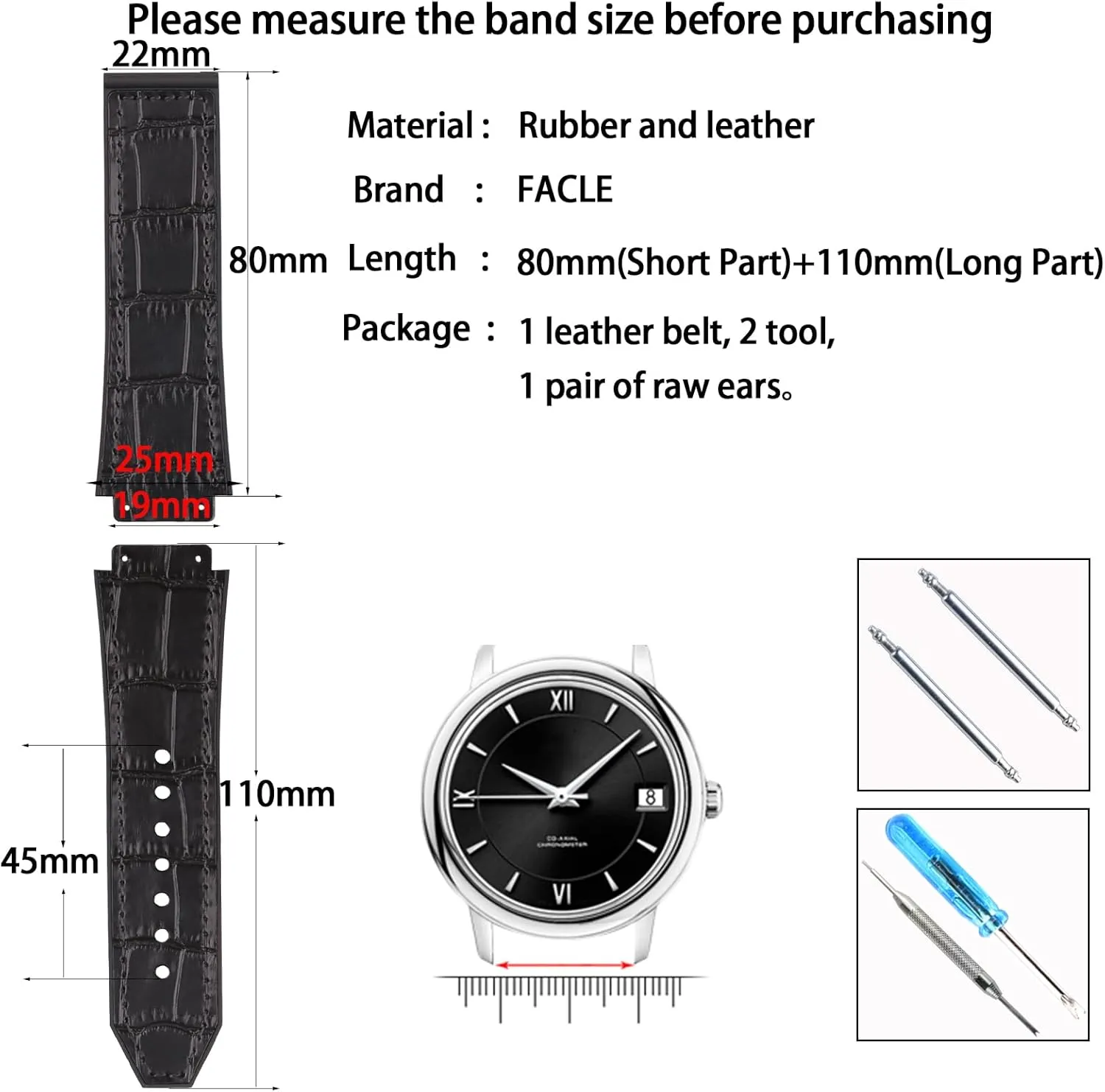 Men's leather watch band accessories 19mm*25mm*22mm Replacement Fit for hublot big bang Outdoor sports rubber watch strap Wristband bracelet buckle
