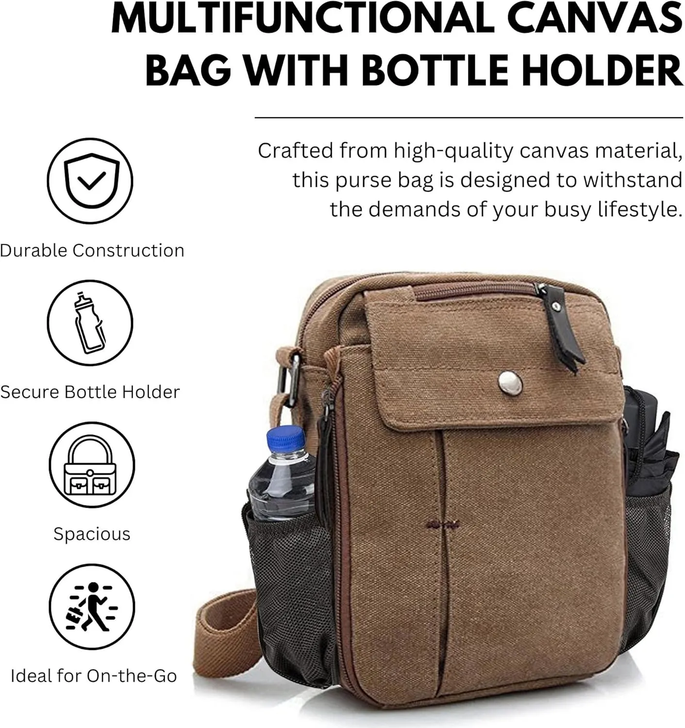 Men's Multifunctional Canvas Crossbody Bag Chest Bag Travel Carry Bag with Bottle Holder
