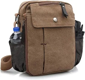 Men's Multifunctional Canvas Crossbody Bag Chest Bag Travel Carry Bag with Bottle Holder