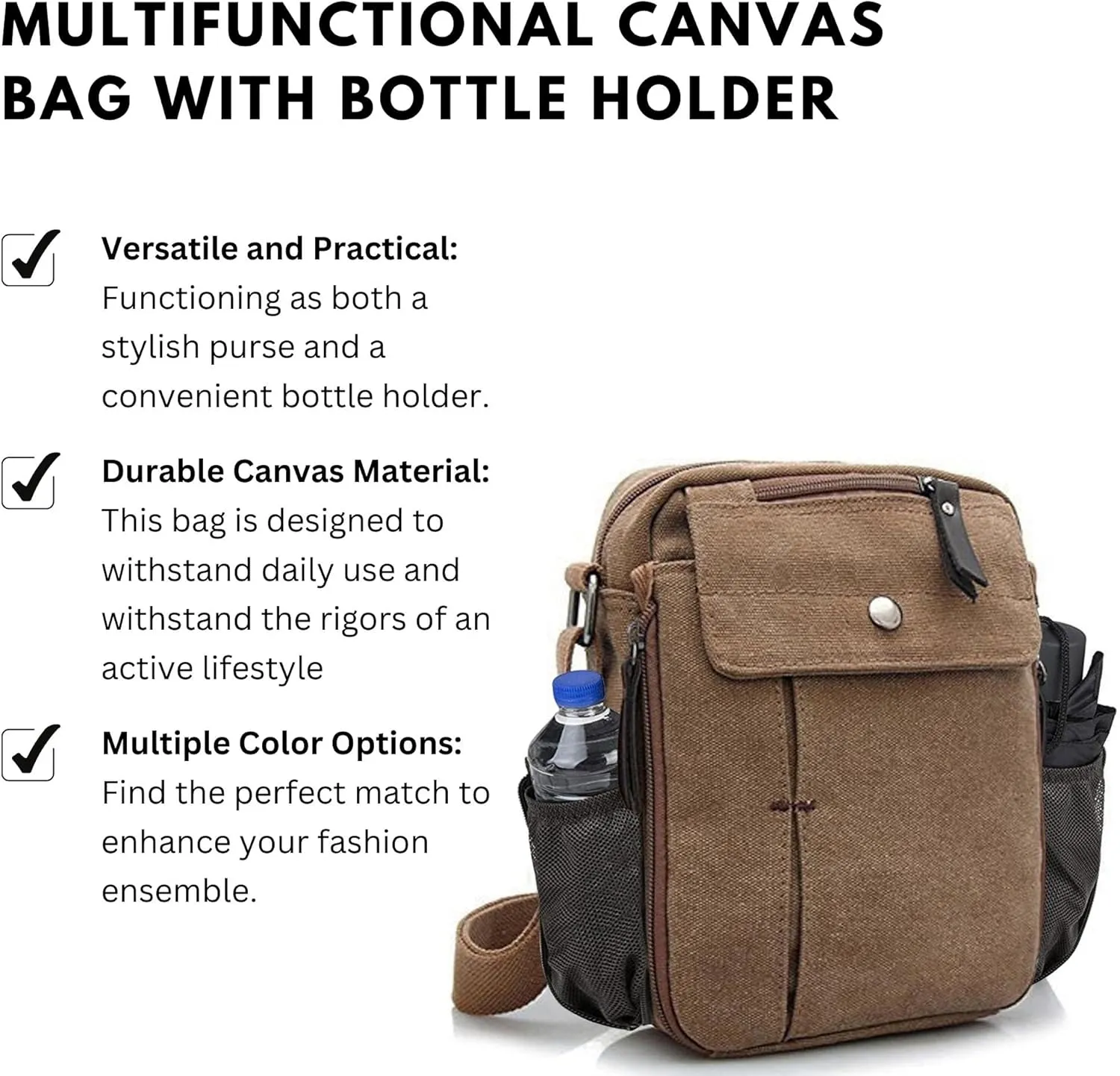 Men's Multifunctional Canvas Crossbody Bag Chest Bag Travel Carry Bag with Bottle Holder