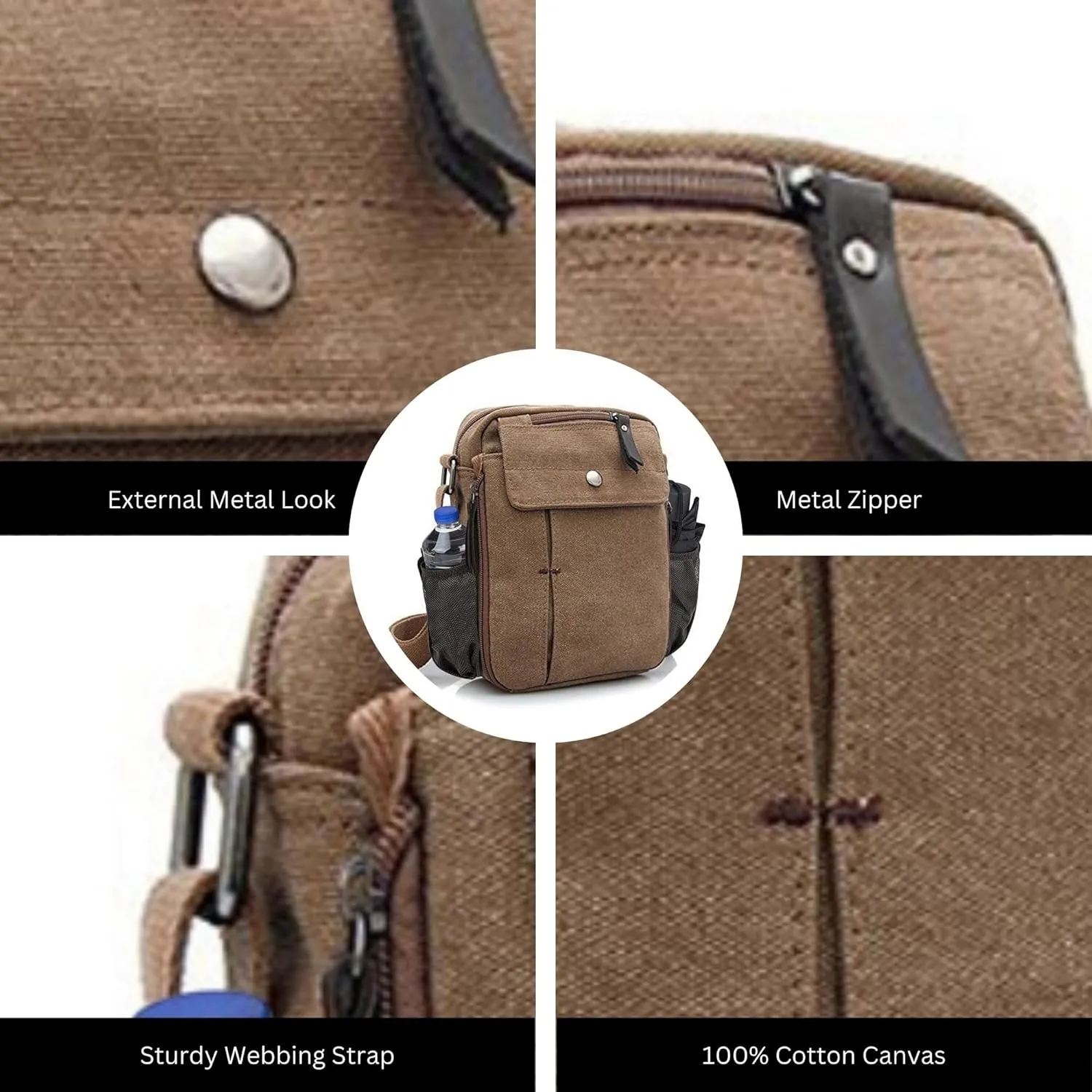 Men's Multifunctional Canvas Crossbody Bag Chest Bag Travel Carry Bag with Bottle Holder