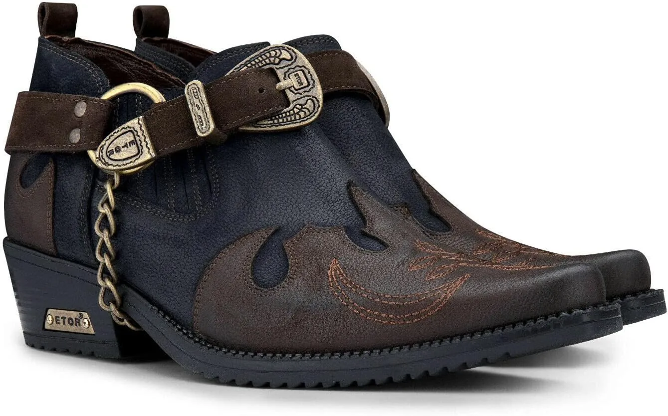 Men's Real Leather Western Shoes Cuban Metal Chain Cowboy Winklepickers