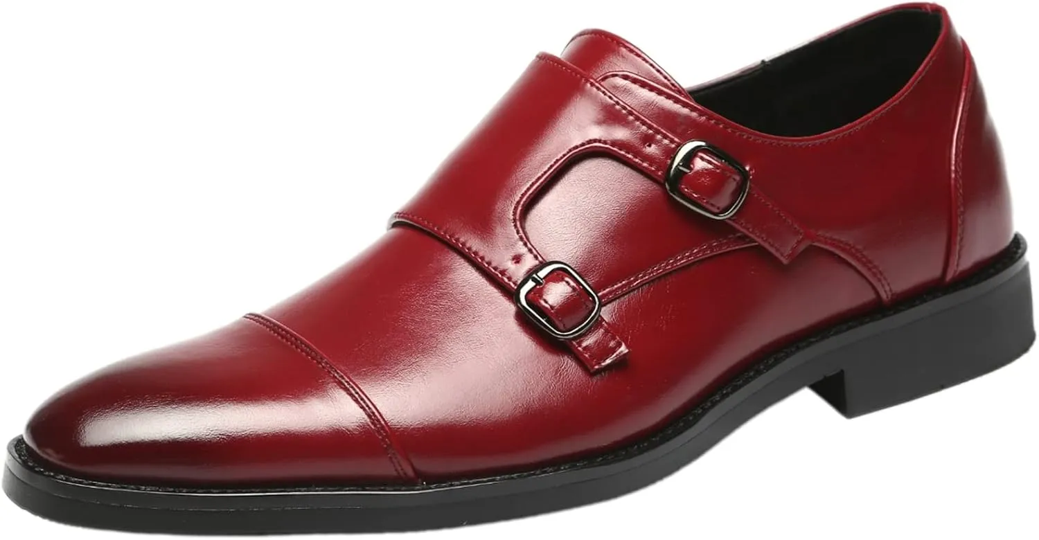 Men's Smart Monk Brogues Genuine Leather Wooden Heel Formal Dress Shoes