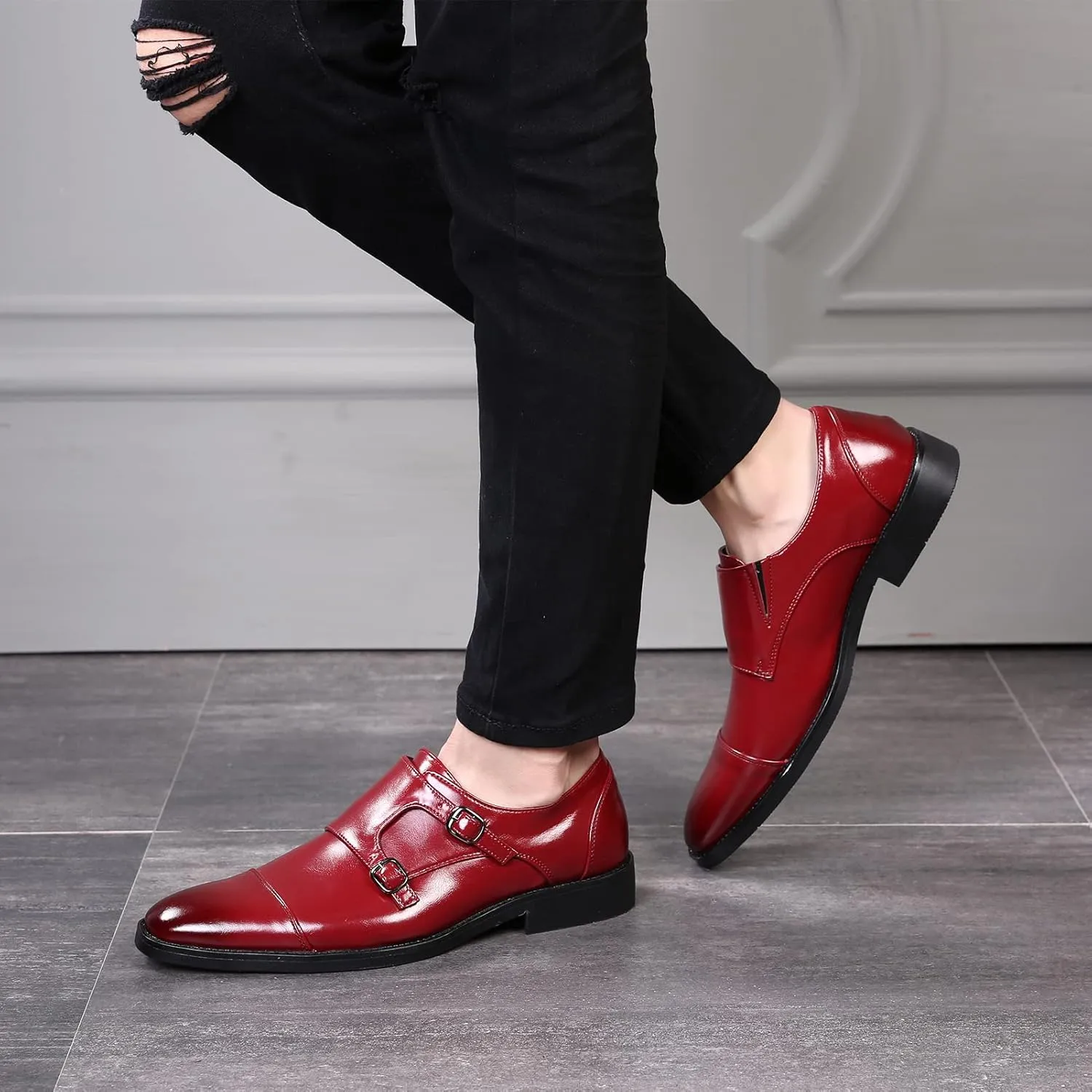 Men's Smart Monk Brogues Genuine Leather Wooden Heel Formal Dress Shoes