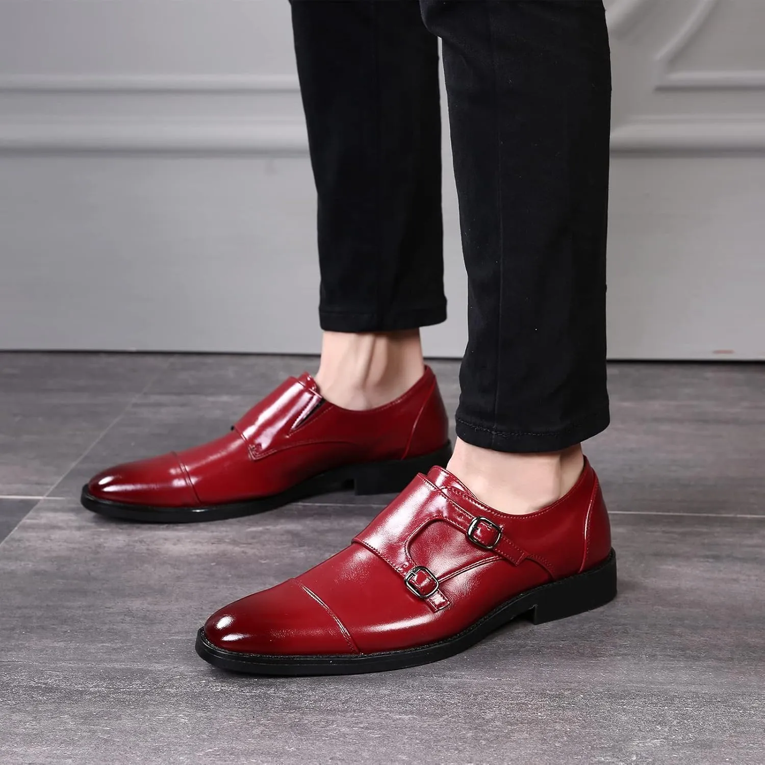 Men's Smart Monk Brogues Genuine Leather Wooden Heel Formal Dress Shoes