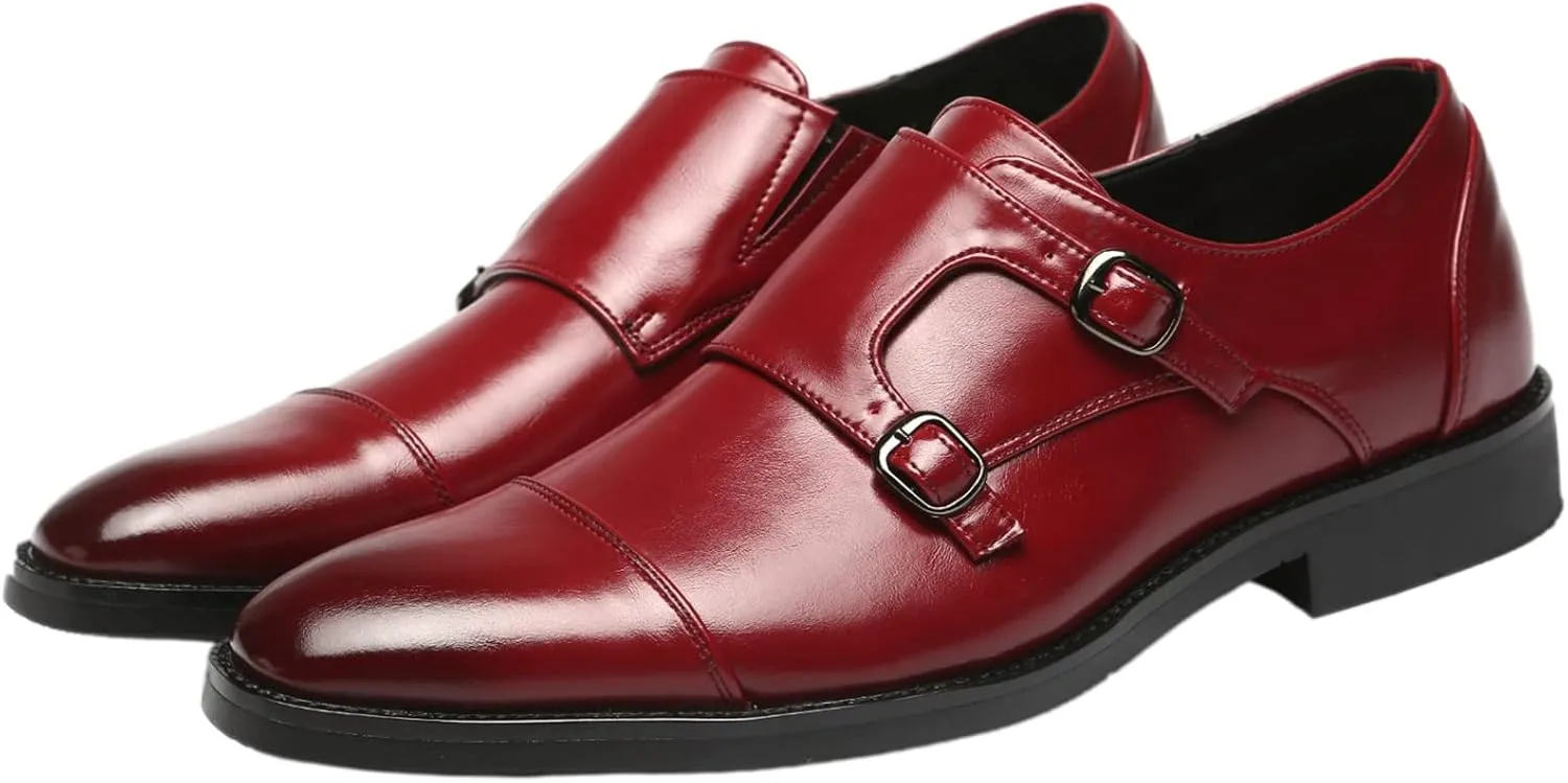 Men's Smart Monk Brogues Genuine Leather Wooden Heel Formal Dress Shoes