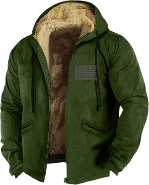 Mens Vintage Fleece Jacket Sherpa Lined Winter Coats Parka Warm Over Outerwear Windproof Casual Hoodies with Pocket