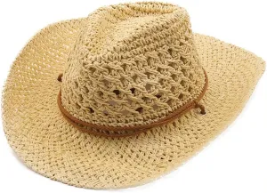 Men’s Western Cowboy Hat Wide Brim Shapeable Panama Straw Hat Summer Beach Sun Hat Outdoor Travel Cap with Chin Strap