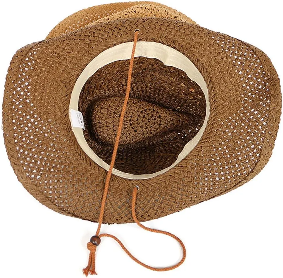Men’s Western Cowboy Hat Wide Brim Shapeable Panama Straw Hat Summer Beach Sun Hat Outdoor Travel Cap with Chin Strap