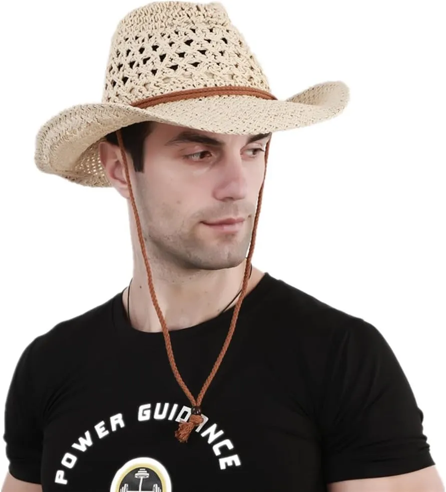 Men’s Western Cowboy Hat Wide Brim Shapeable Panama Straw Hat Summer Beach Sun Hat Outdoor Travel Cap with Chin Strap