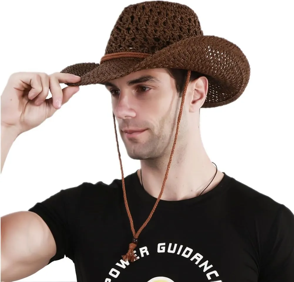 Men’s Western Cowboy Hat Wide Brim Shapeable Panama Straw Hat Summer Beach Sun Hat Outdoor Travel Cap with Chin Strap