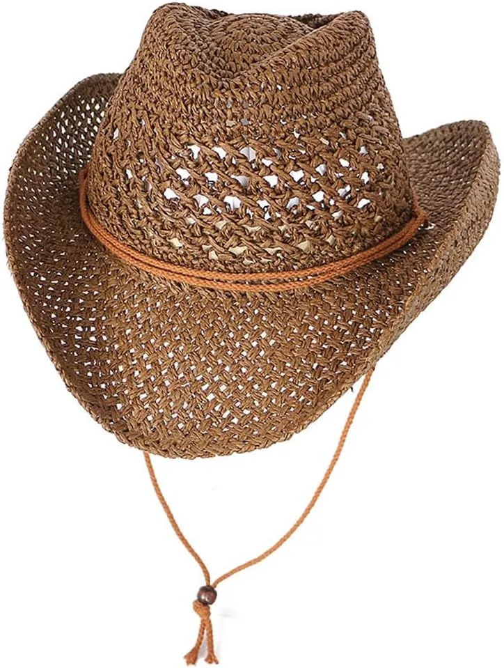 Men’s Western Cowboy Hat Wide Brim Shapeable Panama Straw Hat Summer Beach Sun Hat Outdoor Travel Cap with Chin Strap