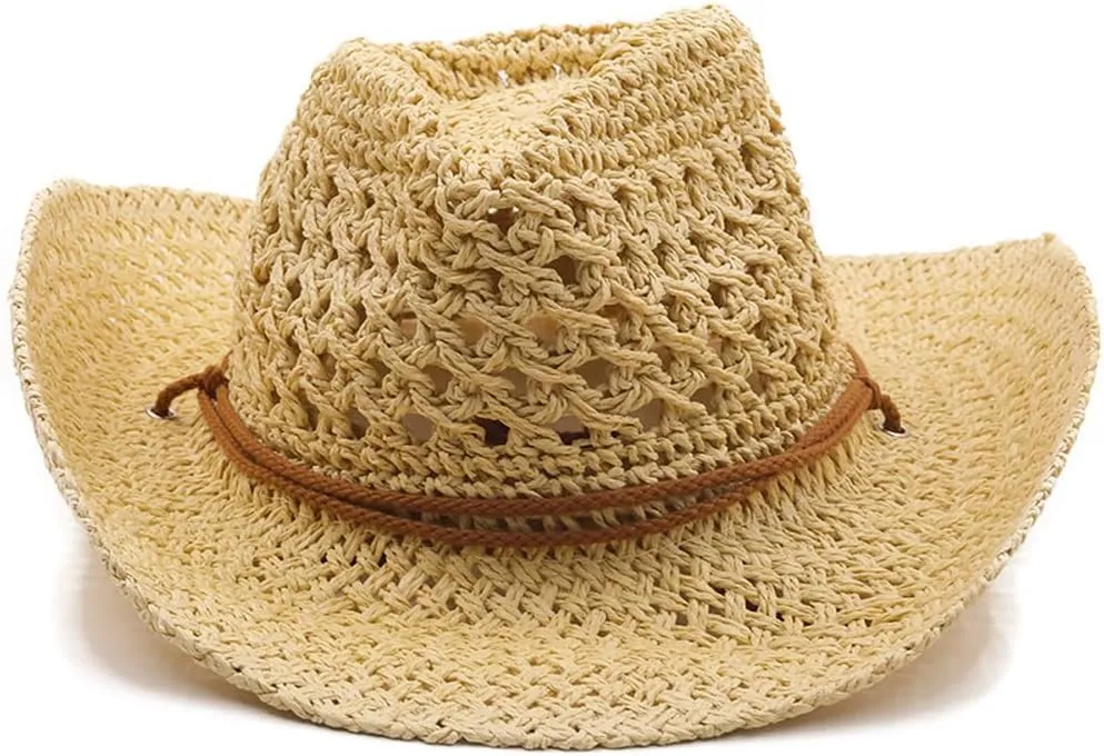 Men’s Western Cowboy Hat Wide Brim Shapeable Panama Straw Hat Summer Beach Sun Hat Outdoor Travel Cap with Chin Strap