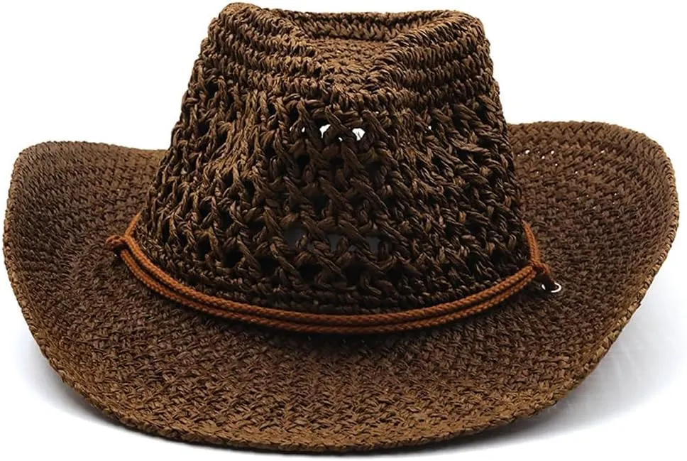 Men’s Western Cowboy Hat Wide Brim Shapeable Panama Straw Hat Summer Beach Sun Hat Outdoor Travel Cap with Chin Strap