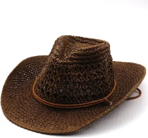 Men’s Western Cowboy Hat Wide Brim Shapeable Panama Straw Hat Summer Beach Sun Hat Outdoor Travel Cap with Chin Strap