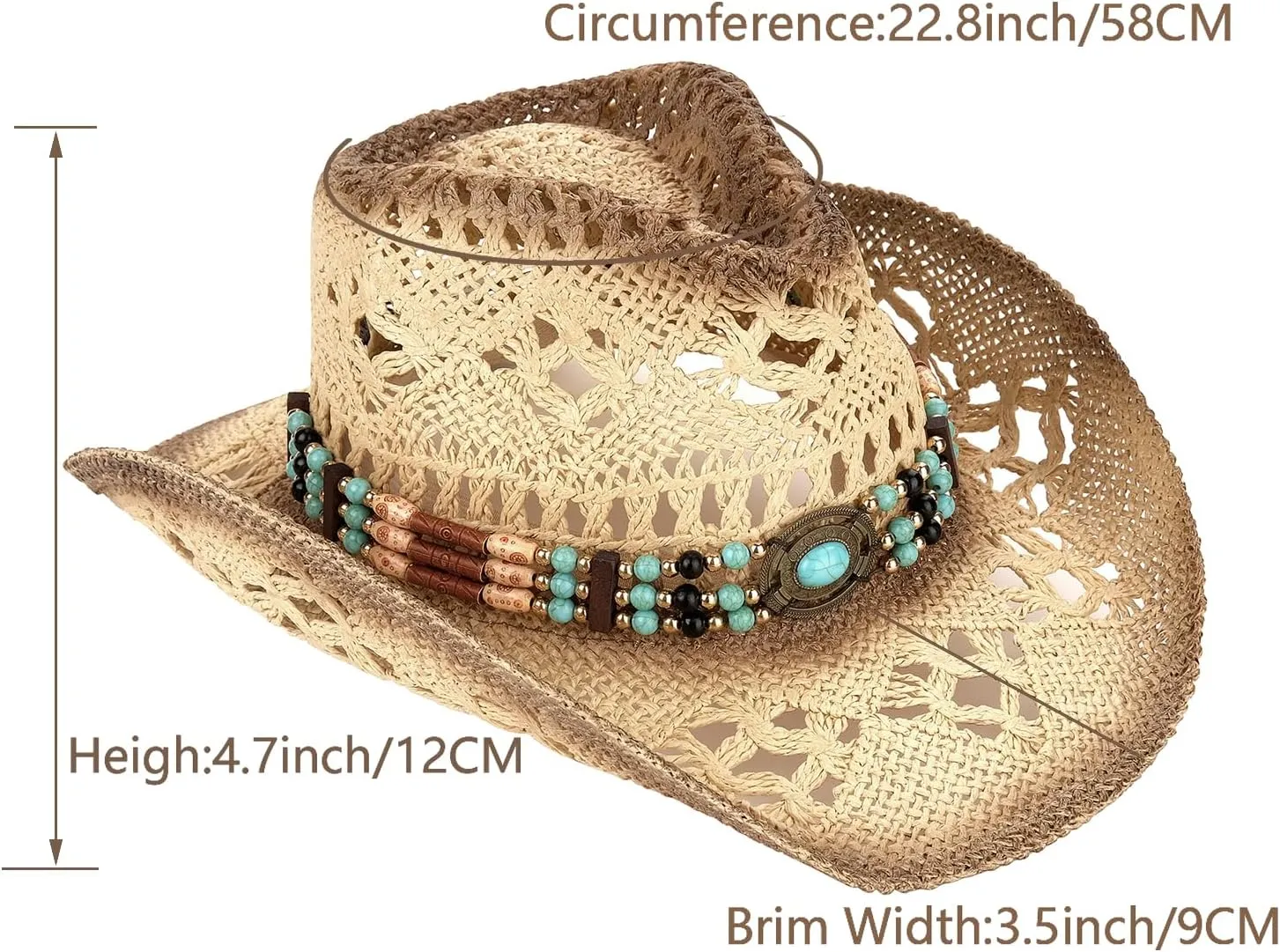 Men's Women's Straw Cowboy Hat Cowgirl Woven Sun Hat Western Cowboy Hat Two Decorative Bands