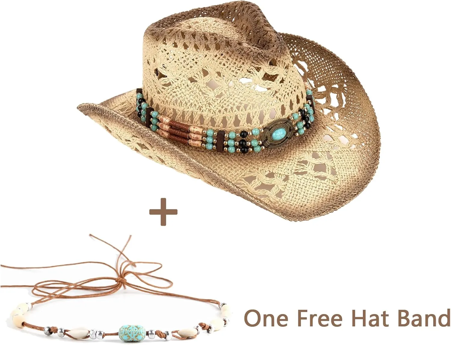 Men's Women's Straw Cowboy Hat Cowgirl Woven Sun Hat Western Cowboy Hat Two Decorative Bands