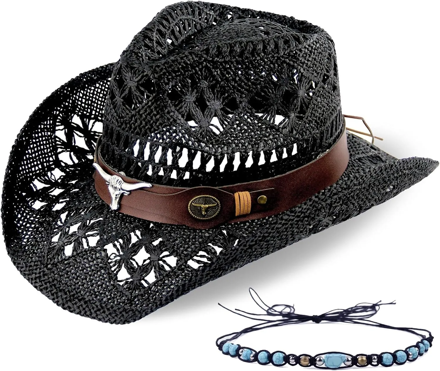 Men's Women's Straw Cowboy Hat Cowgirl Woven Sun Hat Western Cowboy Hat Two Decorative Bands