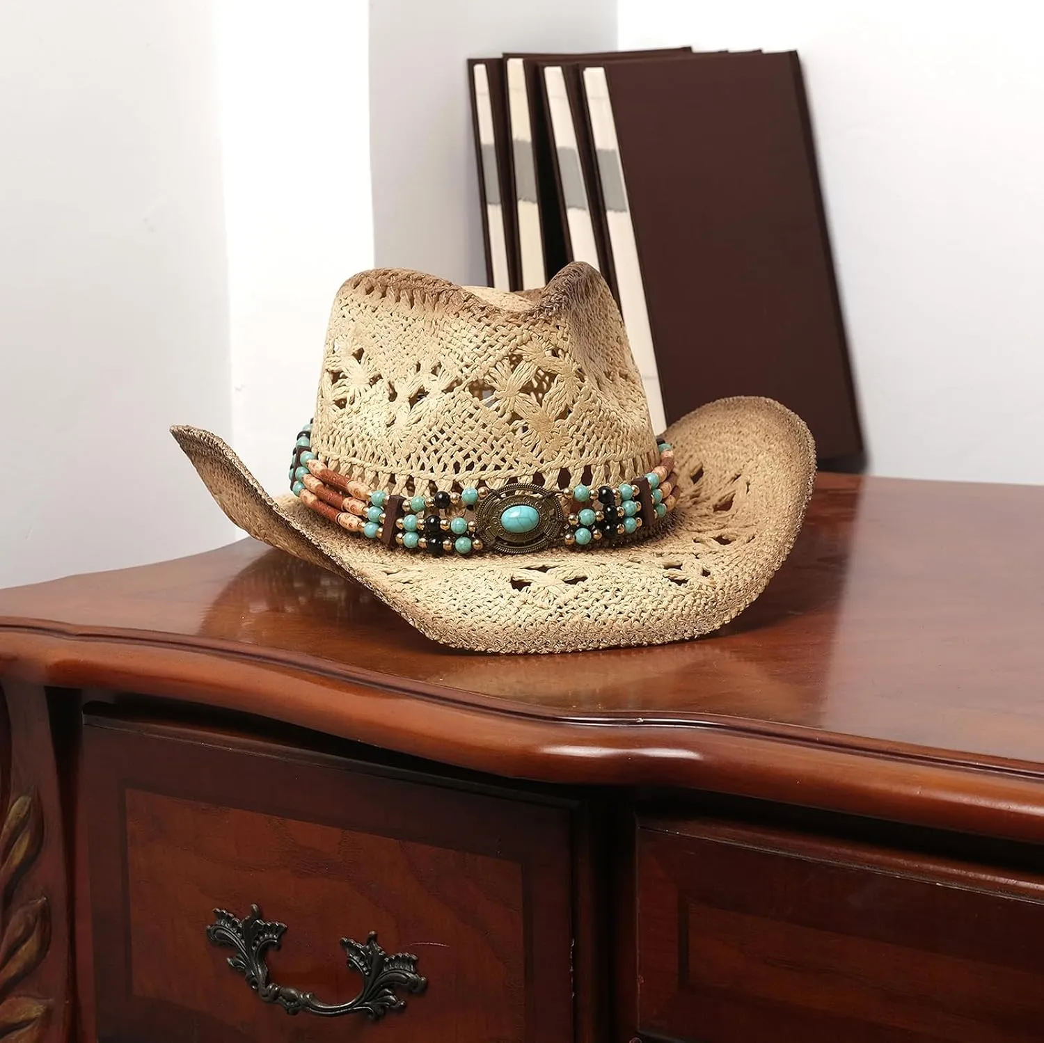 Men's Women's Straw Cowboy Hat Cowgirl Woven Sun Hat Western Cowboy Hat Two Decorative Bands