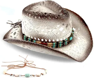 Men's Women's Straw Cowboy Hat Cowgirl Woven Sun Hat Western Cowboy Hat Two Decorative Bands