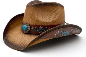 Men's Women's Straw Cowboy Hat Cowgirl Woven Sun Hat Western Cowboy Hat Two Decorative Bands