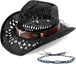 Men's Women's Straw Cowboy Hat Cowgirl Woven Sun Hat Western Cowboy Hat Two Decorative Bands