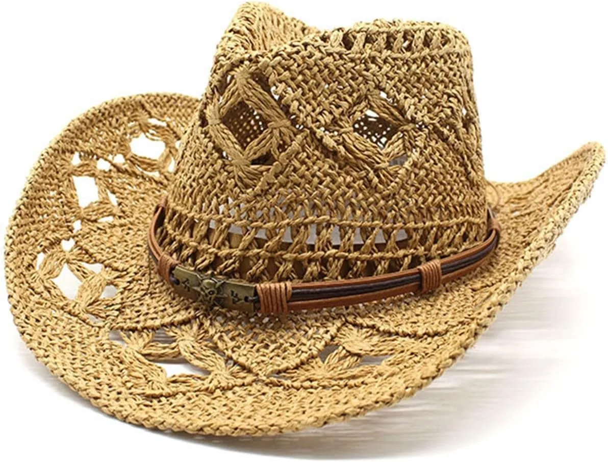 Mens Womens Straw Cowboy Hat Cowgirl Woven Sunhat Western Cowboy Hat Summer Roll Up Wide Brim Foldable Beach Hats