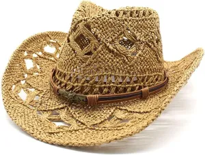Mens Womens Straw Cowboy Hat Cowgirl Woven Sunhat Western Cowboy Hat Summer Roll Up Wide Brim Foldable Beach Hats