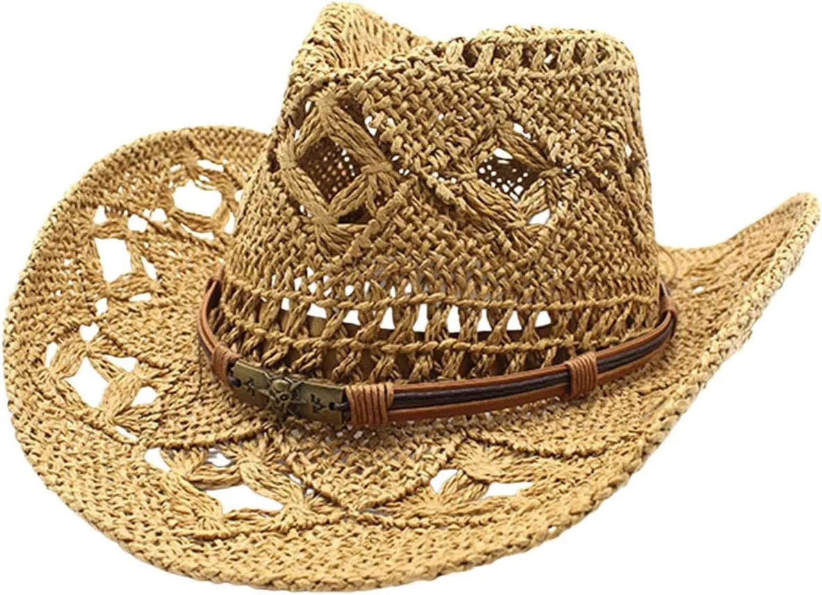 Mens Womens Straw Cowboy Hat Cowgirl Woven Sunhat Western Cowboy Hat Summer Roll Up Wide Brim Foldable Beach Hats