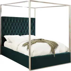 Meridian Furniture Porter Collection Modern | Contemporary Velvet Upholstered Bed with Deep Detailed Tufting and Chrome Canopy, Green, King
