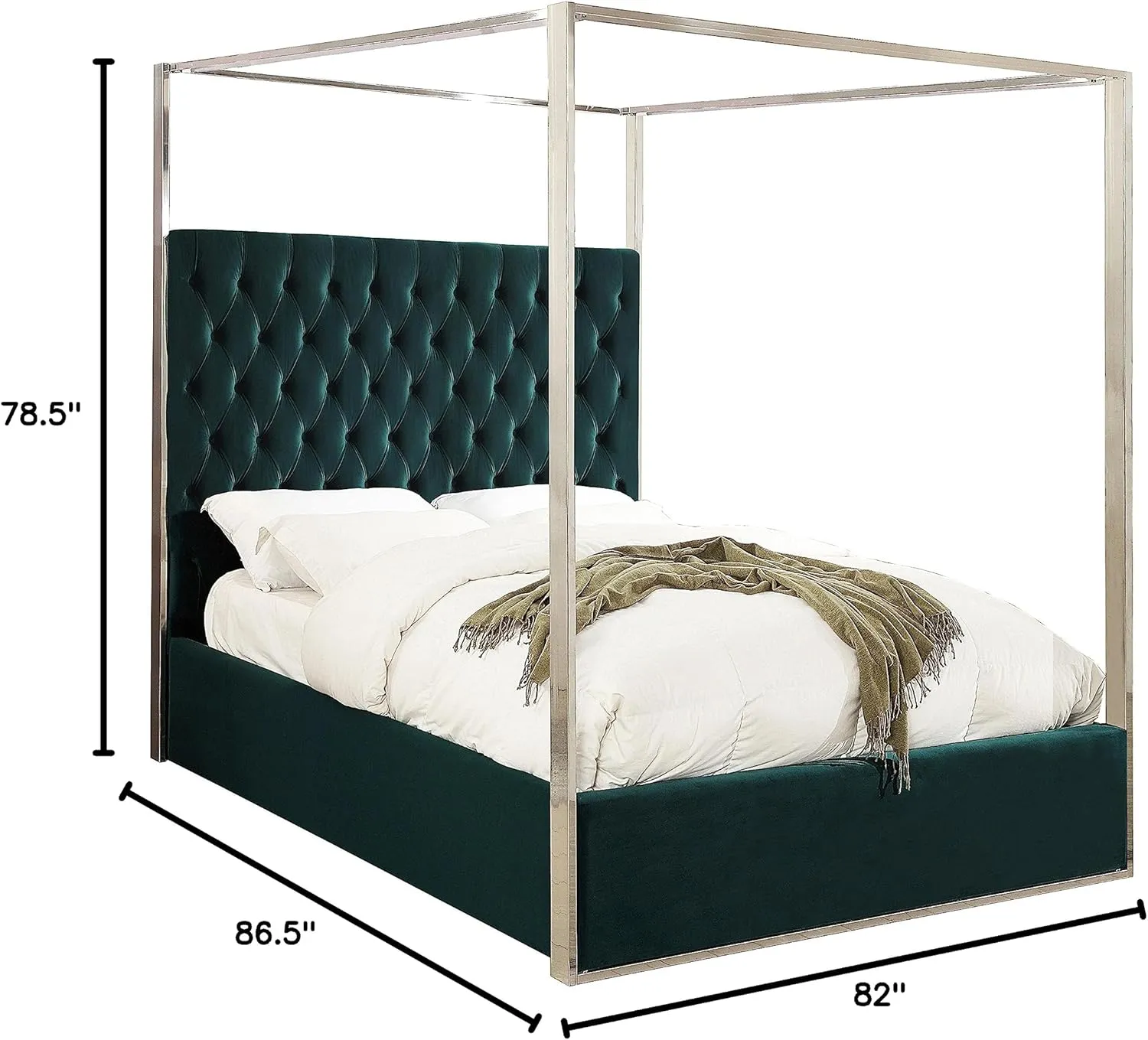Meridian Furniture Porter Collection Modern | Contemporary Velvet Upholstered Bed with Deep Detailed Tufting and Chrome Canopy, Green, King