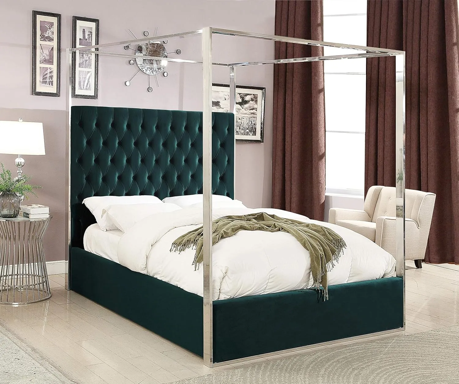 Meridian Furniture Porter Collection Modern | Contemporary Velvet Upholstered Bed with Deep Detailed Tufting and Chrome Canopy, Green, King