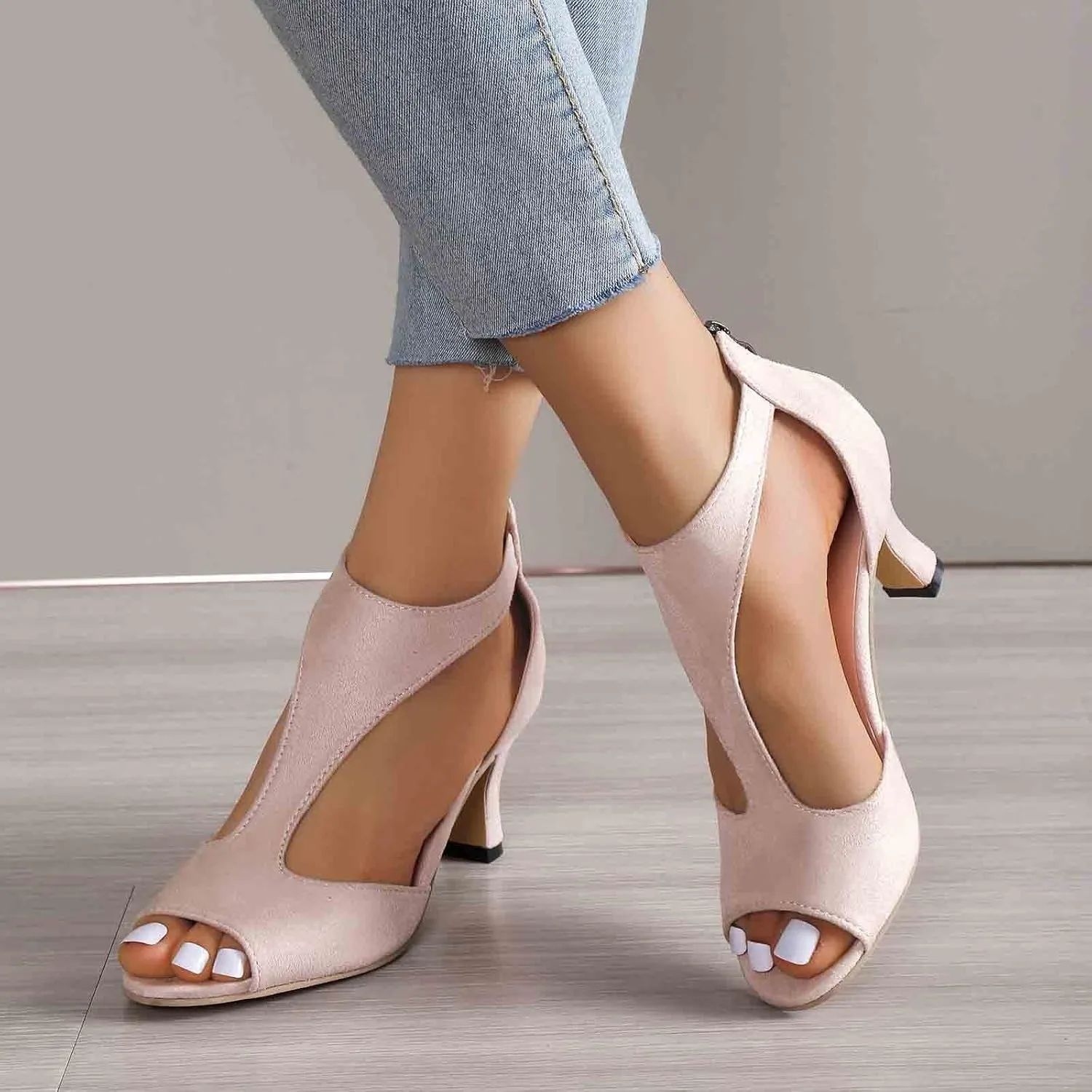 Mid Heeled Sandals for Women Summer Open Toe T Strap Pumps Sandals Black Back Zip Sandals Party Wedding Dress Shoes