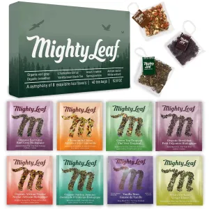Mighty Leaf Tea Bags Spring Sampler Assortment (40 Silk Bags) Organic (8 Flavors), Tropical, Chamomile Citrus, Earl Grey, Vanilla Bean, White Orchard, Breakfast, Spring Jasmine, African Nectar, Tea Giftbox