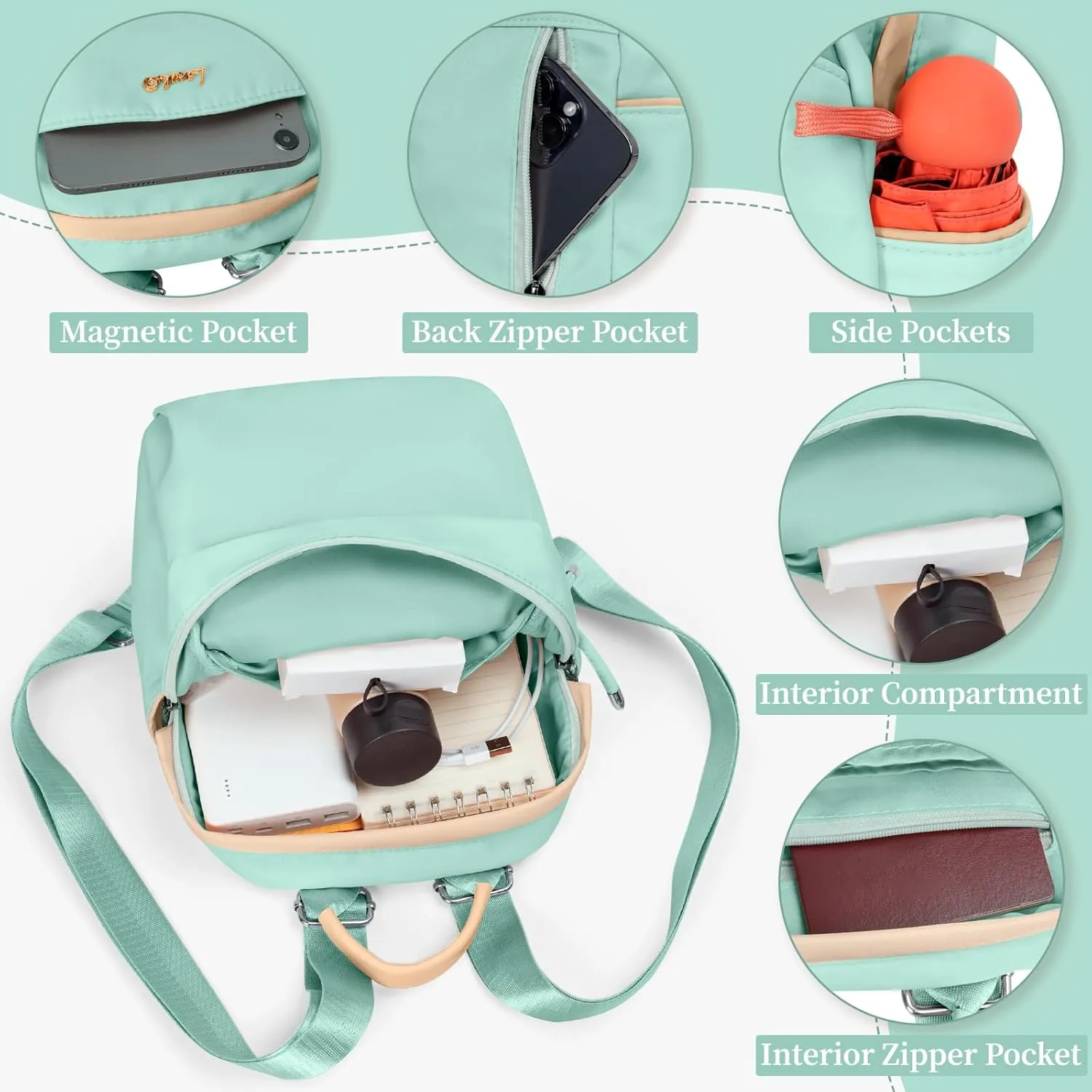 Mini Backpack, Small Lightweight Travel Backpack Purse, Waterproof Daily Backpack Purses, Mint Green