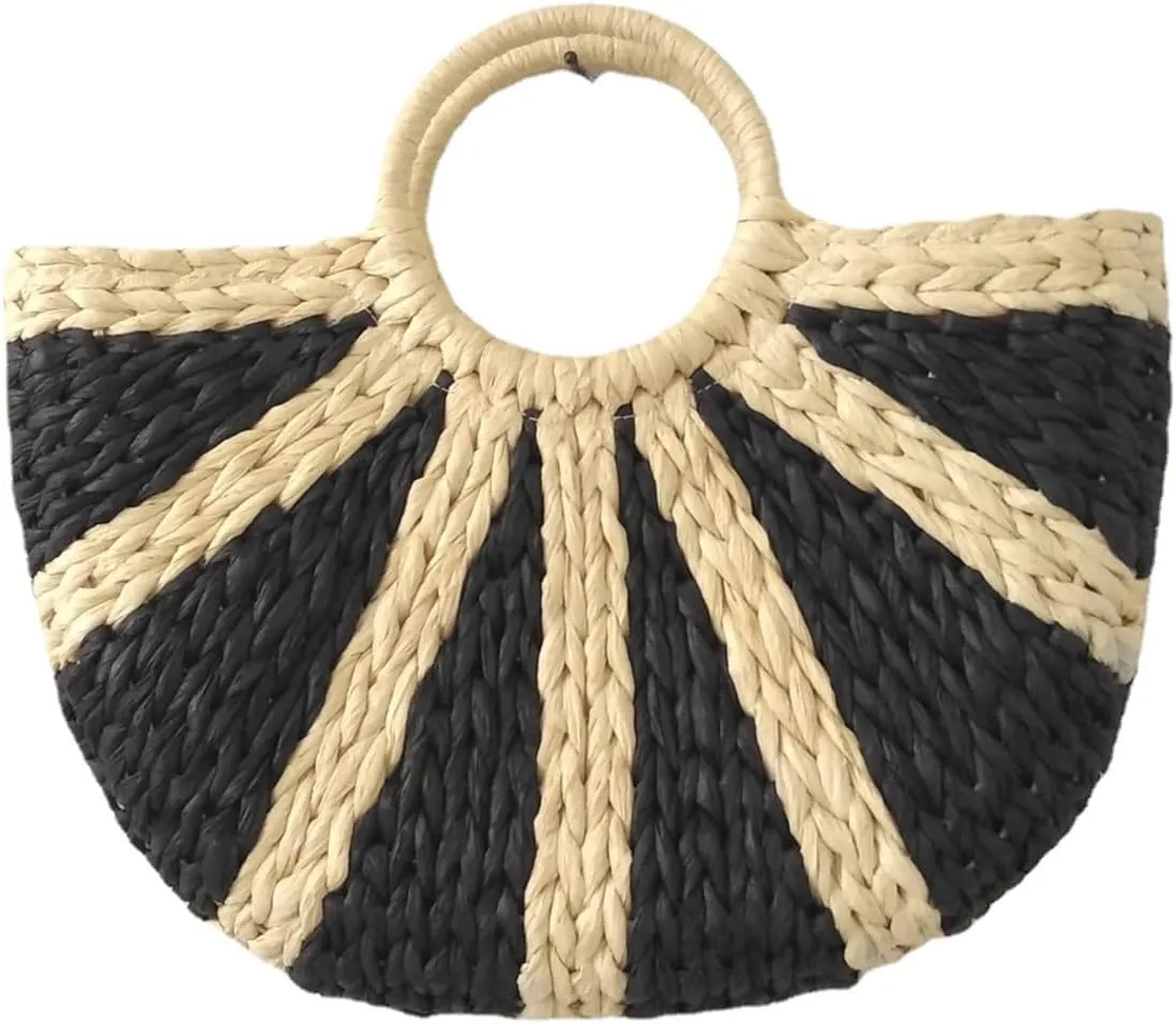 Mini Semi-circle Rattan Straw Bag, Cute Boho Straw Hand-woven Top-handle Handbag Tote Clutch Bags Retro Summer Beach Travel Vacation Bag（Black,Beige,Khaki）