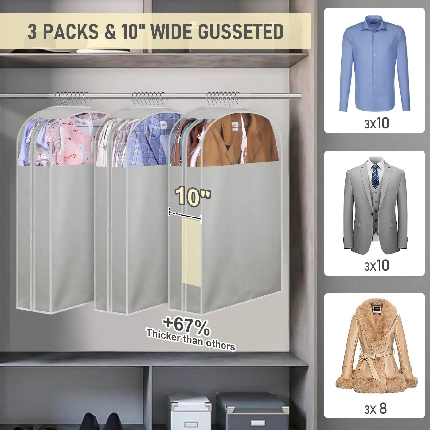 MISSLO 10" Gusseted Garment Bags for Hanging Clothes 32" Suit Bags for Closet Storage Clothing Covers for Shirts, Coats, 3 Packs, Grey