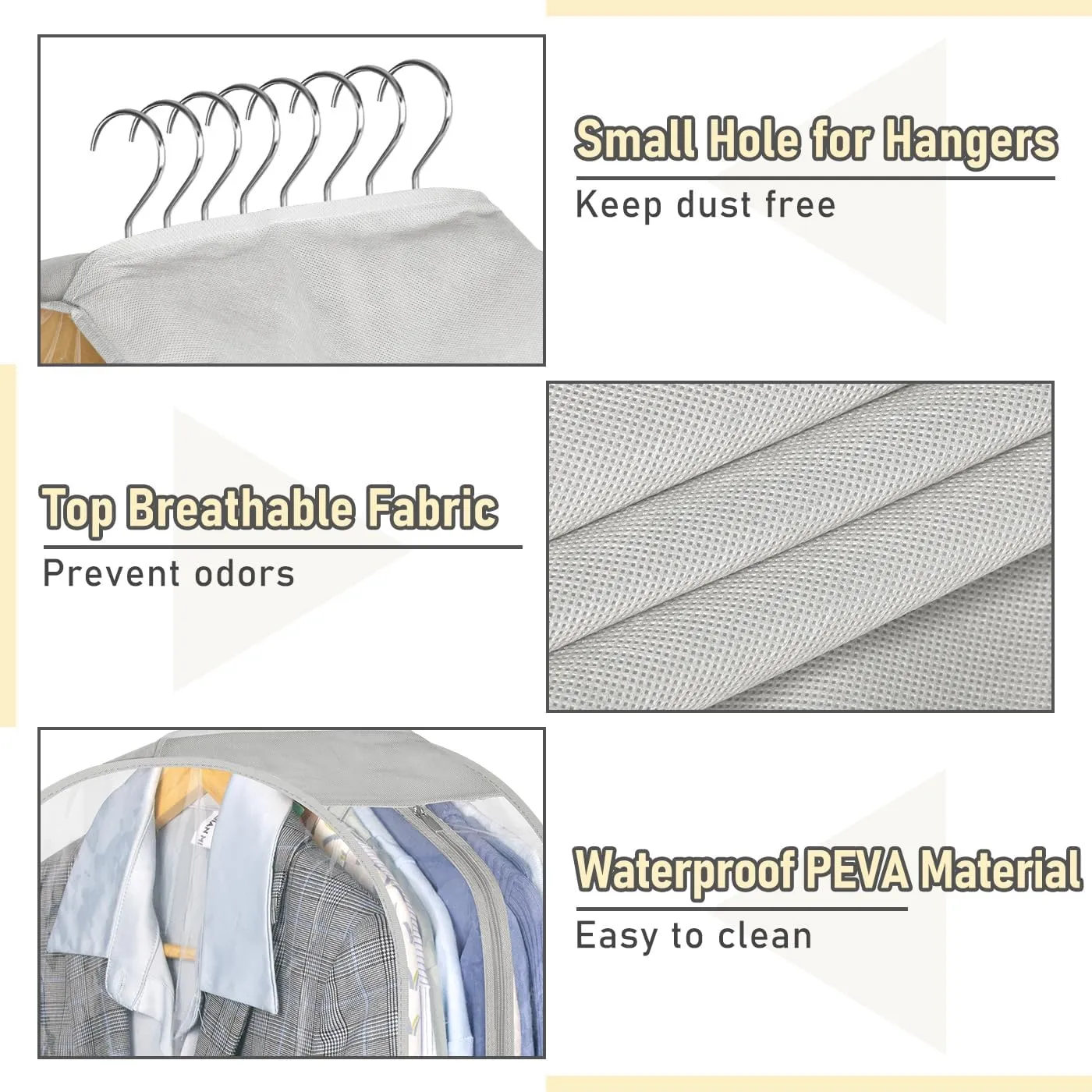 MISSLO 10" Gusseted Garment Bags for Hanging Clothes 32" Suit Bags for Closet Storage Clothing Covers for Shirts, Coats, 3 Packs, Grey