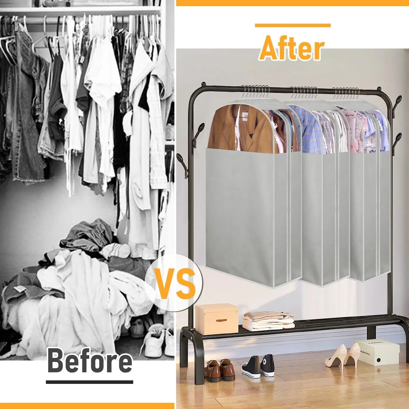 MISSLO 10" Gusseted Garment Bags for Hanging Clothes 32" Suit Bags for Closet Storage Clothing Covers for Shirts, Coats, 3 Packs, Grey