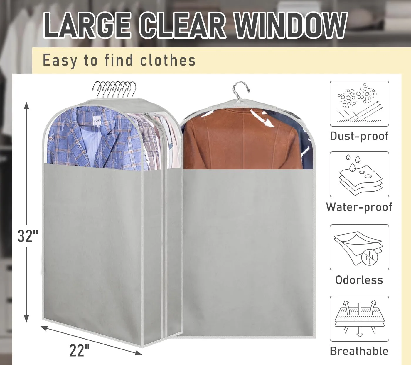 MISSLO 10" Gusseted Garment Bags for Hanging Clothes 32" Suit Bags for Closet Storage Clothing Covers for Shirts, Coats, 3 Packs, Grey