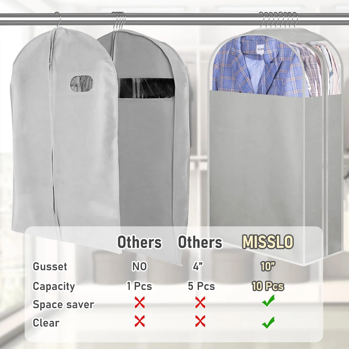 MISSLO 10" Gusseted Garment Bags for Hanging Clothes 32" Suit Bags for Closet Storage Clothing Covers for Shirts, Coats, 3 Packs, Grey