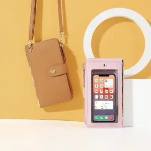 Mobile Phone Bags with Transparent Touch Screen Love Buckle Long Wallet, Women's Multifunctional Crossbody Shoulder Bag