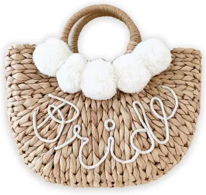 ModParty Bride Straw Purse | Honeymoon Bridal Shower Gift for Bride to Be | Handmade Summer Beach Tote Bag | Bride Bachelorette Party Outfit Essential | Straw Purse & Pom Poms